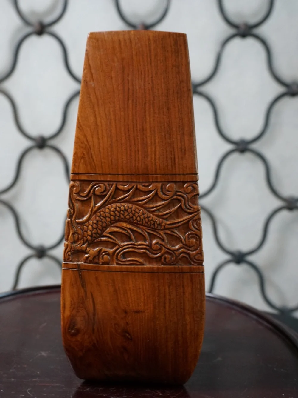 Vintage Carved Wooden Decorative Vase with Dragon Motif - Brown
